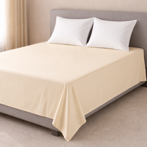 Cearceaf de pat Kotonia Home Deco, 100% bumbac, Damasc Saten, dimensiune dungi 1 cm, Vanilla