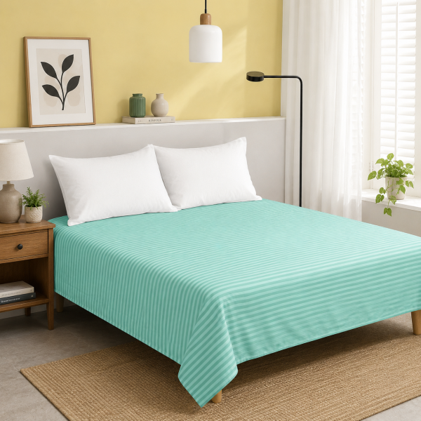 Cearceaf de pat Kotonia Home Deco, 100% bumbac, Damasc Saten, dimensiune dungi 1 cm, Verde Menta