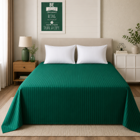 Cearceaf de pat Kotonia Home Deco, 100% bumbac, Damasc Saten, dimensiune dungi 1 cm, verde smarald