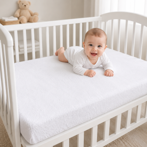 Cearceaf impermeabil Kotonia Home - pentru patut bebe, bumbac cauciucat, 100x150 cm, alb