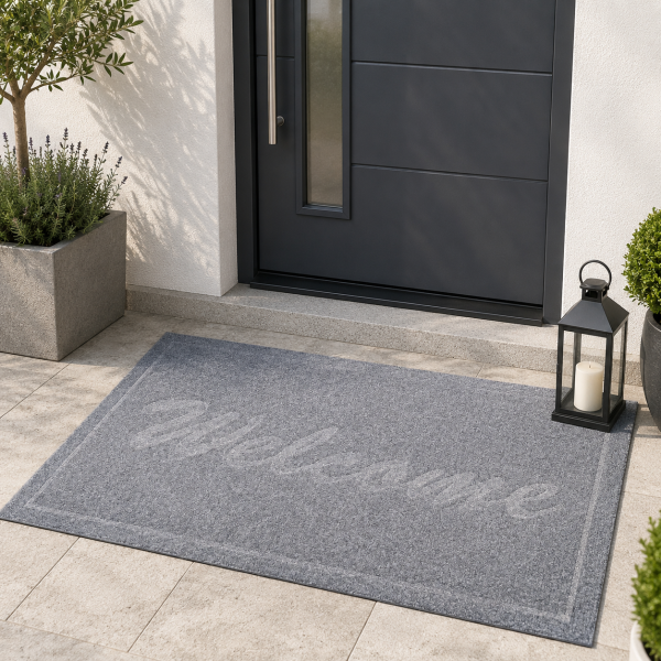 Covoras intrare - Welcome uni, 45x75 cm, antiderapant 100% pvc, gri mediu