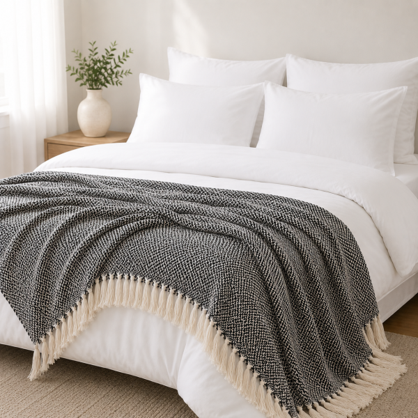 Cuvertura Old Fashion pentru pat dublu, dimensiunea 220x240 cm, 100% bumbac, negru si  alb cu franjuri - 32