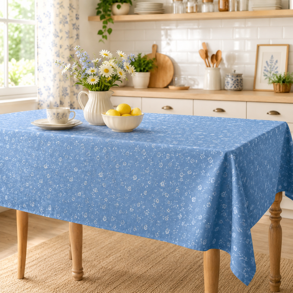 Fata de masa Kotonia Home Exotic - 100% bumbac, creton impermeabil, decor floral cu fond bleu