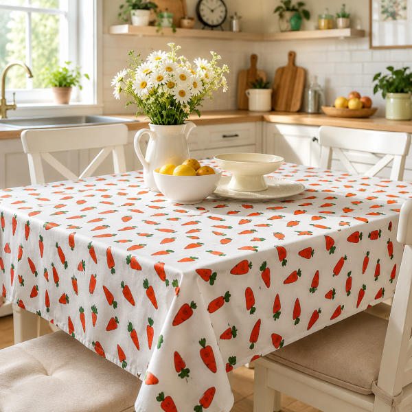 Fata de masa Kotonia Home Exotic - 100% bumbac, creton impermeabil, decor morcovi