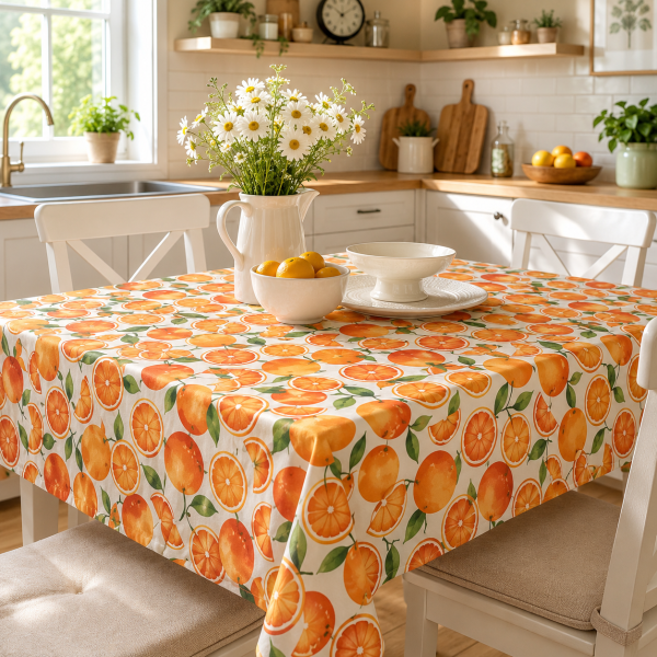 Fata de masa Kotonia Home Exotic - 100% bumbac, creton impermeabil, fond crem cu felii de portocale