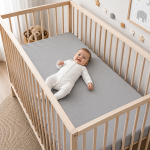 Husa cu elastic Kotonia Home Bebe - ranforce, 100 % bumbac, dimensiune saltea 60x120+15 cm, gri