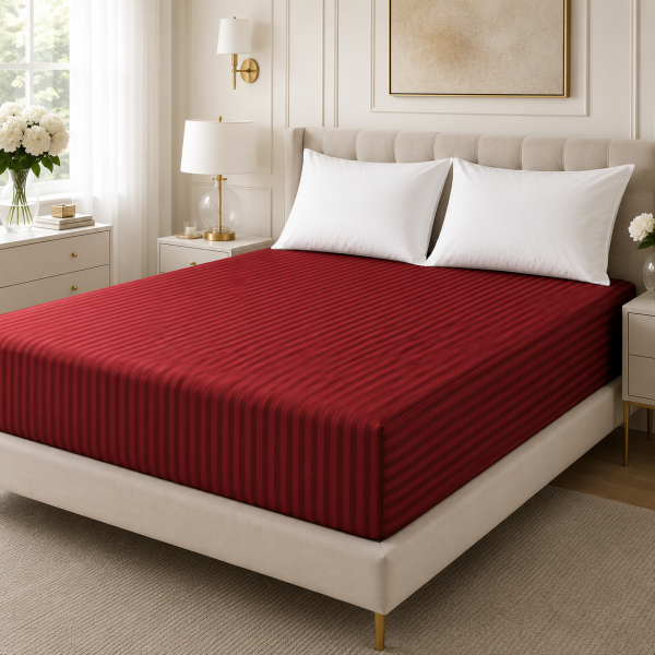 Husa cu elastic pentru pat Kotonia Home - 100% bumbac, Damasc Saten cu latime dungi 1 cm, bordo