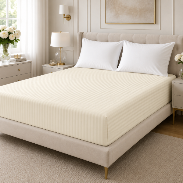 Husa de pat cu elastic Kotonia Home Deco, 100% bumbac, Damasc Saten, dimensiune dungi 1 cm, Vanilla