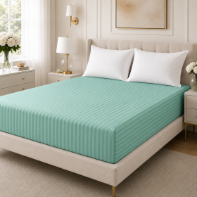 Husa de pat cu elastic Kotonia Home Deco, 100% bumbac, Damasc Saten, dimensiune dungi 1 cm, Verde menta