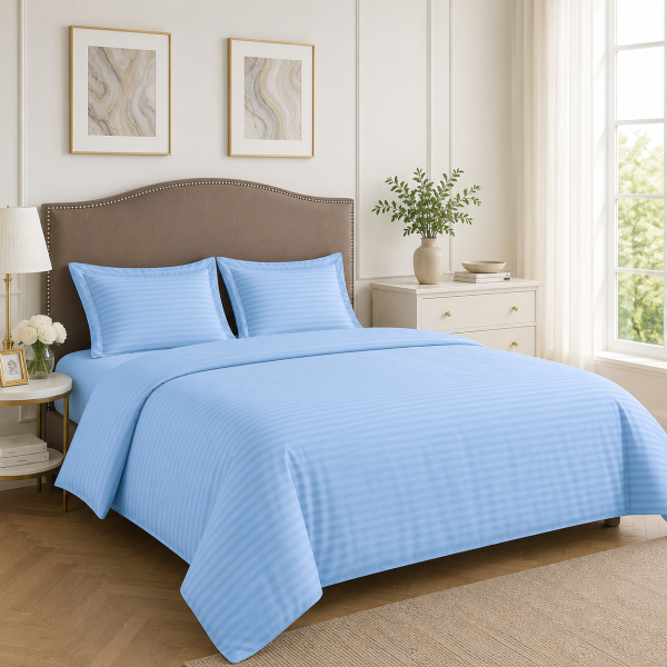 Lenjerie de pat Kotonia Home Hotel - 2 persoane, 100% bumbac, Damasc Saten dunga 1 cm, bleu ciel