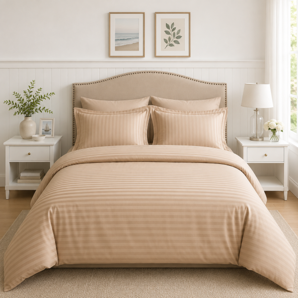 Lenjerie de pat Kotonia Home Hotel - 2 persoane, 100% bumbac, Damasc Saten dunga 1 cm, huzelnut