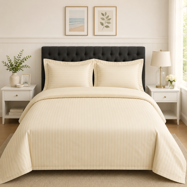 Lenjerie de pat Kotonia Home Hotel - 2 persoane, 100% bumbac, Damasc Saten dunga 1 cm, vanilla