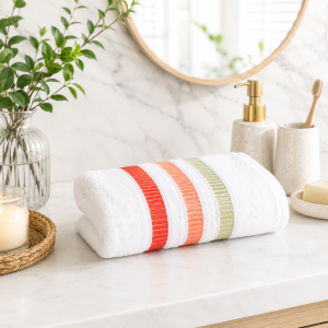 Prosop Kotonia Home - Pastel Ingie, 100% Bumbac, alb cu decor orange