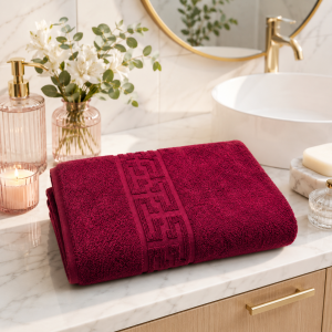 Prosop baie Greek Border Jacquard Plush Luxury - 100% Bumbac, 500g/mp, burgundy