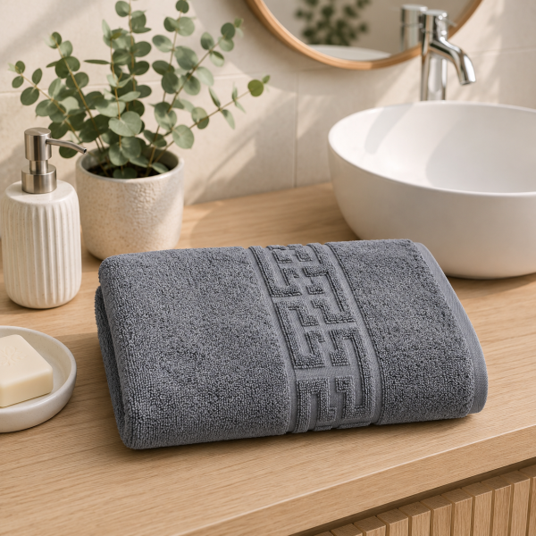 Prosop baie Greek Border Jacquard Plush Luxury - 100% Bumbac, 500g/mp, gri