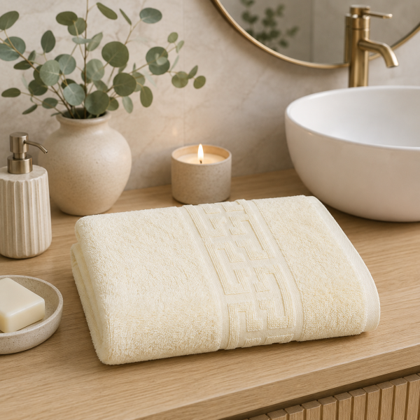 Prosop baie Greek Border Jacquard Plush Luxury - 100% Bumbac, 500g/mp, ivoire