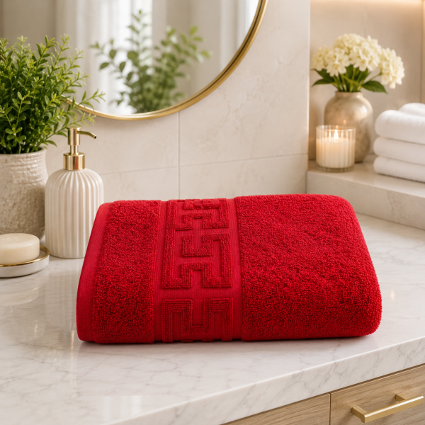 Prosop baie Greek Border Jacquard Plush Luxury - 100% Bumbac, 500g/mp, rosu