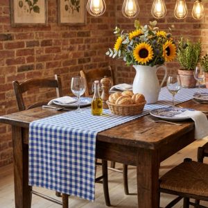 Napron decorativ pentru masa Kotonia Home - 35x150 cm, creton, 100% bumbac , alb, albastru - imagine 3