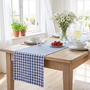 Napron decorativ pentru masa Kotonia Home - 35x150 cm, creton, 100% bumbac , alb, albastru - imagine 2