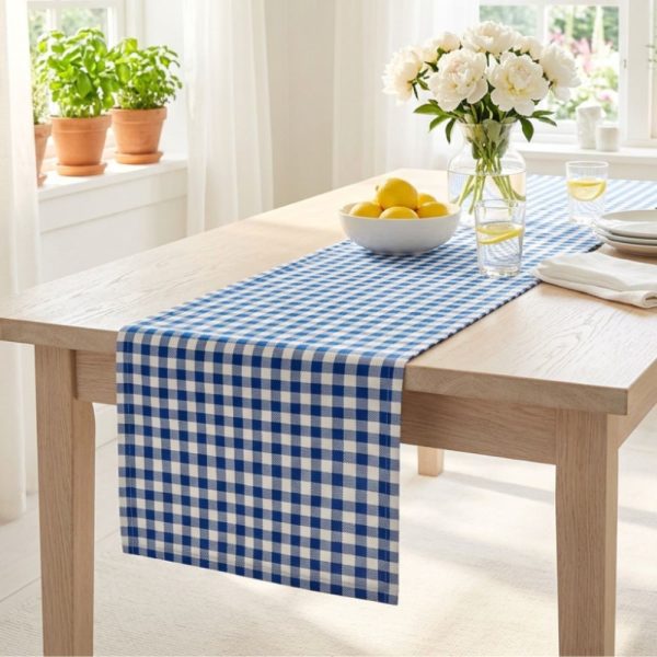 Napron decorativ pentru masa Kotonia Home - 35x150 cm, creton, 100% bumbac , alb, albastru