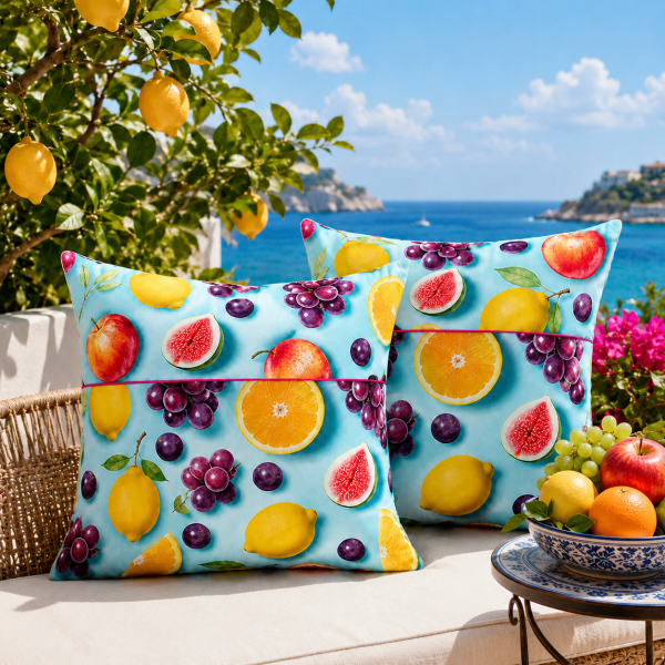 Pachet 2 perne decor Kotonia Home - 50x50 cm, creton impermeabil 100% bumbac, cu umplutura puf siliconizat, imprimeu fructe