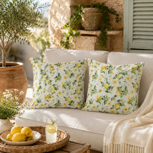 Pachet 2 perne decor Kotonia Home - 50x50 cm, creton impermeabil 100% bumbac, cu umplutura puf siliconizat, imprimeu felii de lamaie