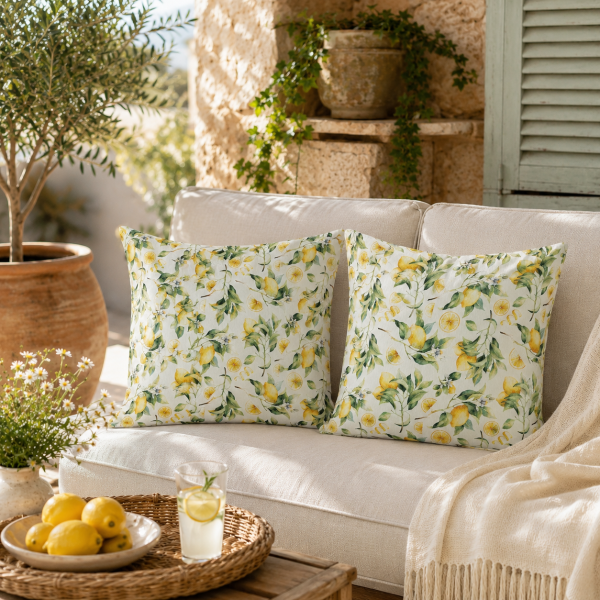 Pachet 2 perne decor Kotonia Home - 50x50 cm, creton impermeabil 100% bumbac, cu umplutura puf siliconizat, imprimeu felii de lamaie