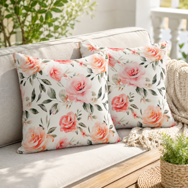 Pachet 2 perne decor Kotonia Home - 50x50 cm, creton impermeabil 100% bumbac, cu umplutura puf siliconizat, imprimeu trandafiri