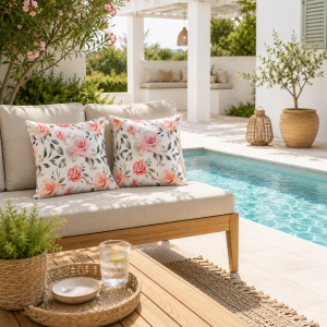 Pachet 2 perne decor Kotonia Home - 50x50 cm, creton impermeabil 100% bumbac, cu umplutura puf siliconizat, imprimeu trandafiri - imagine 2