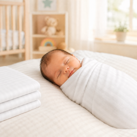 Pachet 4 scutece Kotonia Home Bebe - 110x110 cm, 100% bumbac, damasc dunga 2 cm, alb