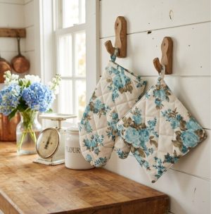 Set bucatarie manusa + suport oala , model floral turquoise - imagine 2