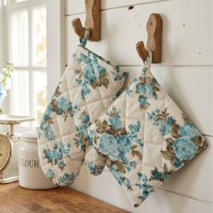 Set bucatarie manusa + suport oala , model floral turquoise