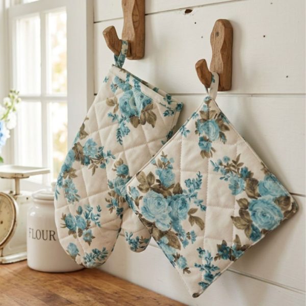 Set bucatarie manusa + suport oala , model floral turquoise