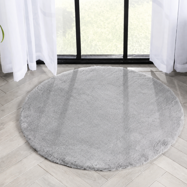 Covor decor - diametrul 80 cm, fir lung, rotund, antiderapant, 100% fibre sintetice, gri