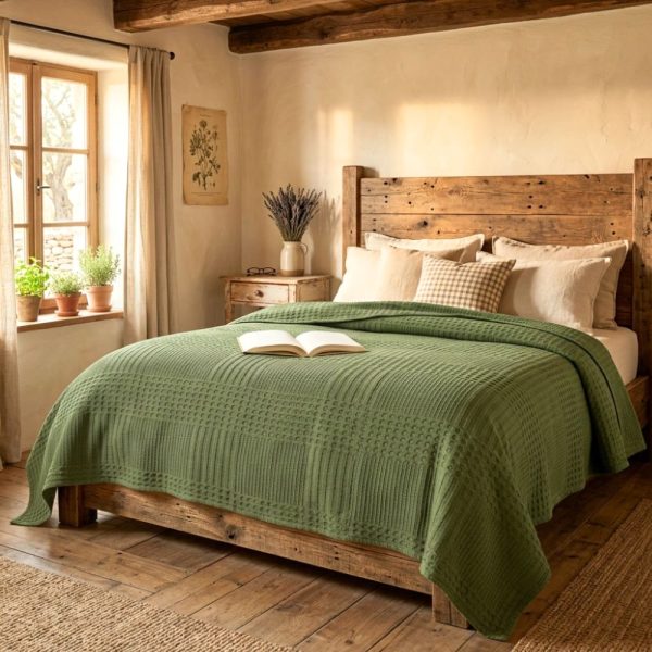 Cuvertura Kotonia Home - Waffle, 220x240 cm, 100% bumbac - verde brad