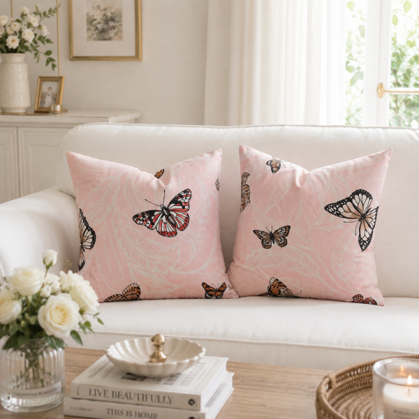Pachet 2 perne decorative Kotonia Home - 40x40 cm, creton impermeabil 100% bumbac, decor fluturi 03