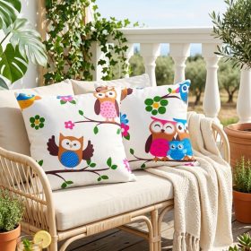 Pachet 2 perne decor Kotonia Home - 40x40 cm, creton impermeabil 100% bumbac, cu umplutura puf siliconizat, imprimeu bufnite