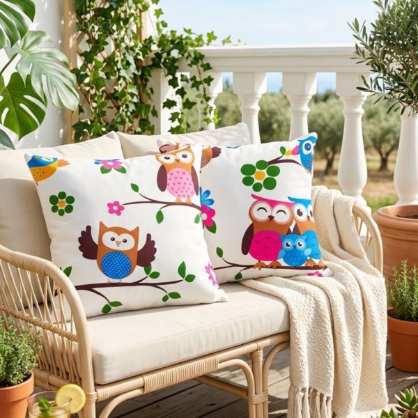 Pachet 2 perne decor Kotonia Home - 40x40 cm, creton impermeabil 100% bumbac, cu umplutura puf siliconizat, imprimeu bufnite