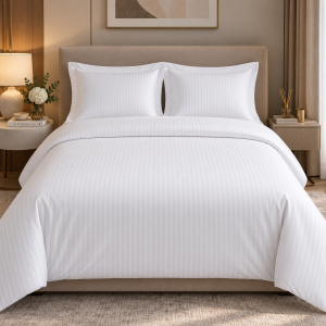 Lenjerie de pat Kotonia Home Hotel 2 persoane, 100% bumbac, Damasc cu latime dungi 1 cm, alb - imagine 2