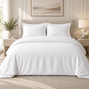 Lenjerie de pat Kotonia Home Hotel King Size, 100% bumbac, Damasc cu latime dungi 2 cm, alb