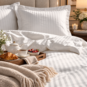 Lenjerie de pat Kotonia Home Hotel XXL, 100% bumbac, Damasc cu latime dungi 2 cm, alb - imagine 2
