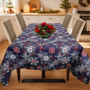 Fata de masa Kotonia Home Winter 04, 100% bumbac, albastru cu motive de Craciun - imagine 2
