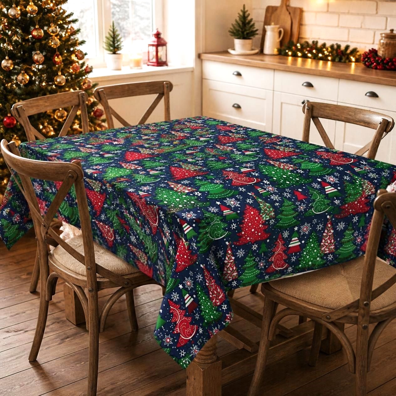 fata masa bucatarie decor Craciun - 4 Fata de masa Kotonia Home Winter 16, 100% bumbac, albastru cu motive de Craciun - imagine 1