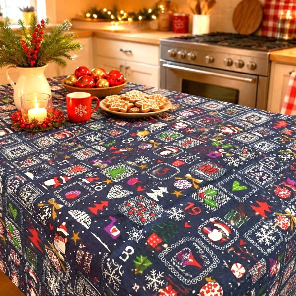 Fata de masa Kotonia Home Winter 05, 100% bumbac, albastru cu motive de Craciun
