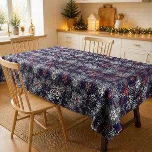 Fata de masa Kotonia Home Winter 04, 100% bumbac, albastru cu motive de Craciun