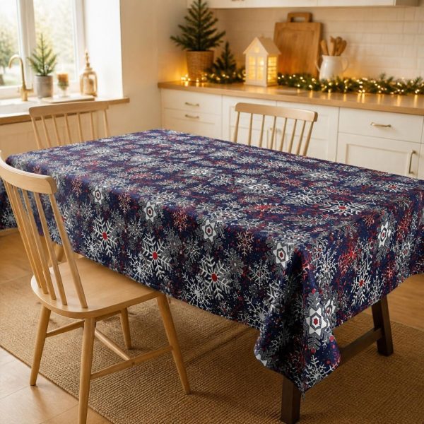Fata de masa Kotonia Home Winter 04, 100% bumbac, albastru cu motive de Craciun