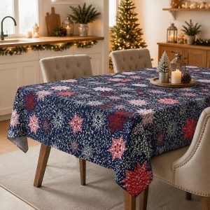 Fata de masa Kotonia Home Winter 07, 100% bumbac, albastru cu motive de Craciun - imagine 2