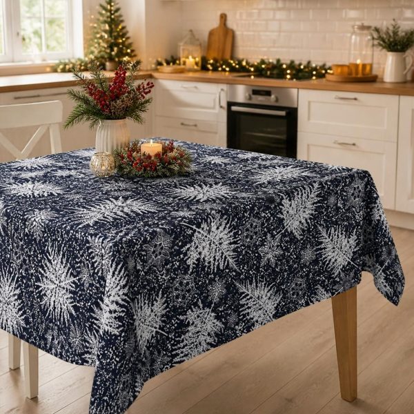 Fata de masa Kotonia Home Winter 08, 100% bumbac, albastru cu motive de Craciun