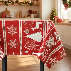 Fata de masa Kotonia Home decor Craciun, 100% Bumbac, rosu cu reni