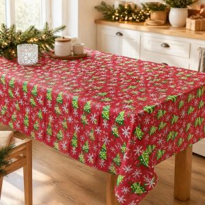 Fata de masa Kotonia Home decor Craciun, 100% Bumbac, rosu cu brazi